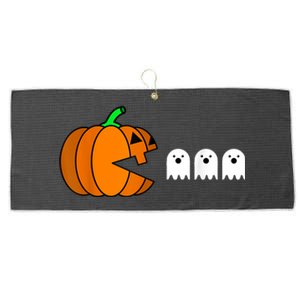 Funny Halloween Pumpkin Eating Ghost Gamer Large Microfiber Waffle Golf Towel