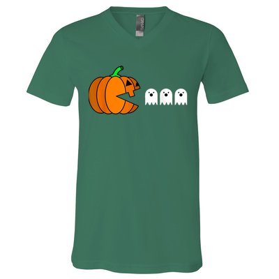 Funny Halloween Pumpkin Eating Ghost Gamer V-Neck T-Shirt