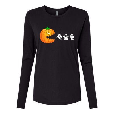 Funny Halloween Pumpkin Eating Ghost Gamer Womens Cotton Relaxed Long Sleeve T-Shirt