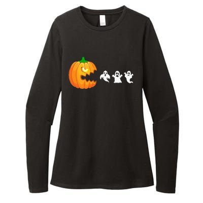 Funny Halloween Pumpkin Eating Ghost Gamer Womens CVC Long Sleeve Shirt