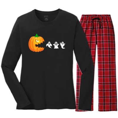 Funny Halloween Pumpkin Eating Ghost Gamer Women's Long Sleeve Flannel Pajama Set 