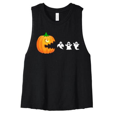 Funny Halloween Pumpkin Eating Ghost Gamer Women's Racerback Cropped Tank