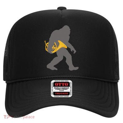 Funny Horn Player Bigfoot Musician With French Horn High Crown Mesh Back Trucker Hat