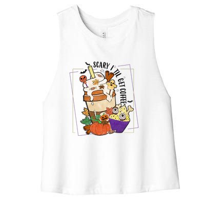 Funny Halloween Pumpkin Witch Scary Till I Get Coffee Gift Women's Racerback Cropped Tank