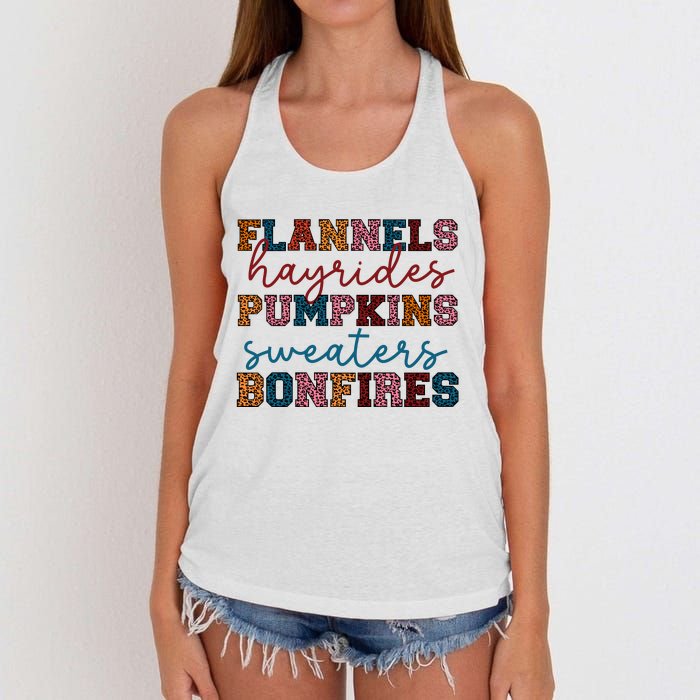 Flannels Hayrides Pumpkins Sweaters Bonfi Women's Knotted Racerback Tank