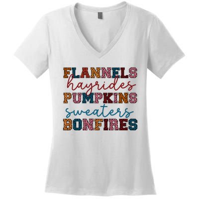 Flannels Hayrides Pumpkins Sweaters Bonfi Women's V-Neck T-Shirt