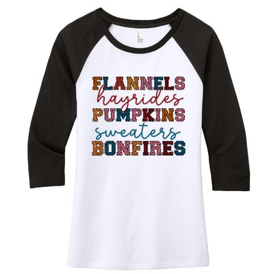 Flannels Hayrides Pumpkins Sweaters Bonfi Women's Tri-Blend 3/4-Sleeve Raglan Shirt