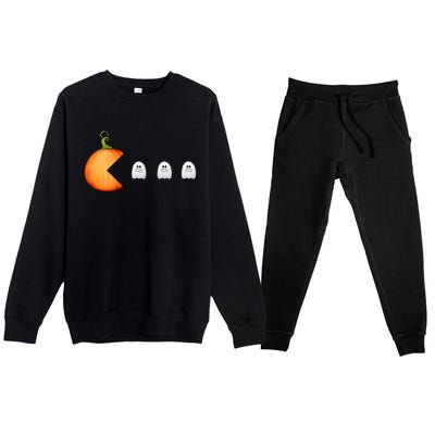 Funny Halloween Pumpkin Eating Ghost Mask Gift Premium Crewneck Sweatsuit Set