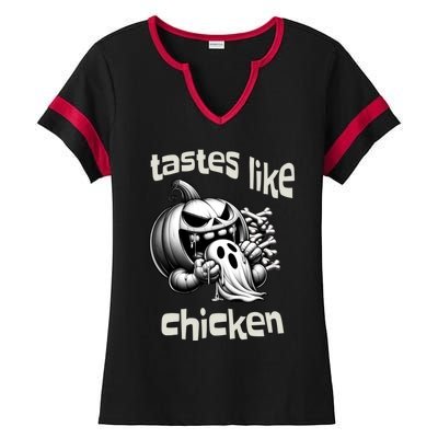 Funny Halloween Pumpkin Eating Ghost Tastes Like Chicken Gift Ladies Halftime Notch Neck Tee