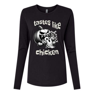 Funny Halloween Pumpkin Eating Ghost Tastes Like Chicken Gift Womens Cotton Relaxed Long Sleeve T-Shirt