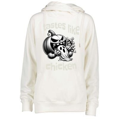 Funny Halloween Pumpkin Eating Ghost Tastes Like Chicken Gift Womens Funnel Neck Pullover Hood