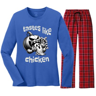 Funny Halloween Pumpkin Eating Ghost Tastes Like Chicken Gift Women's Long Sleeve Flannel Pajama Set 