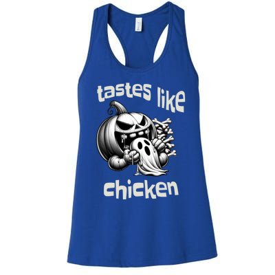 Funny Halloween Pumpkin Eating Ghost Tastes Like Chicken Gift Women's Racerback Tank