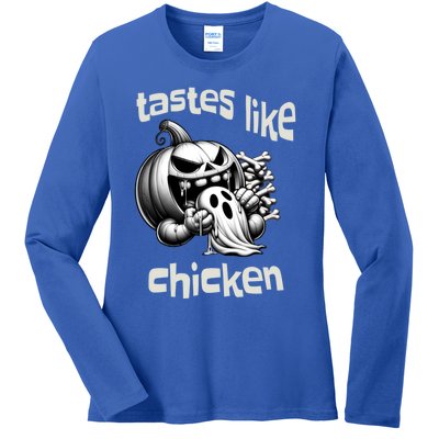 Funny Halloween Pumpkin Eating Ghost Tastes Like Chicken Gift Ladies Long Sleeve Shirt