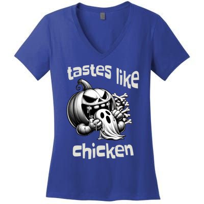 Funny Halloween Pumpkin Eating Ghost Tastes Like Chicken Gift Women's V-Neck T-Shirt