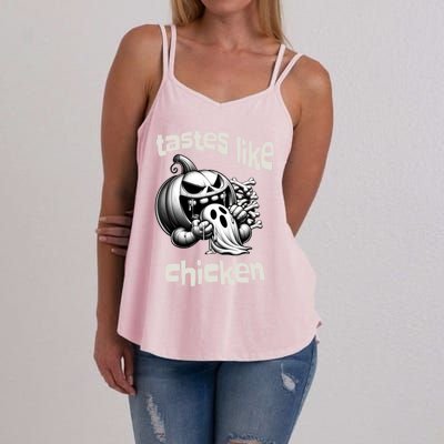 Funny Halloween Pumpkin Eating Ghost Tastes Like Chicken Gift Women's Strappy Tank