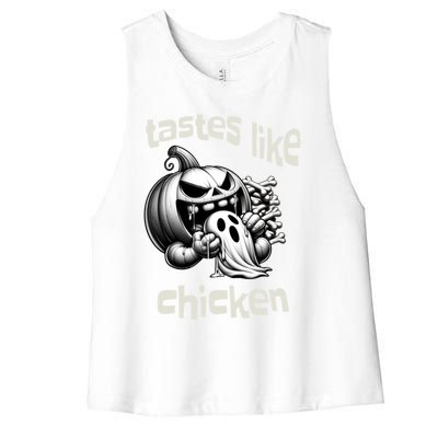 Funny Halloween Pumpkin Eating Ghost Tastes Like Chicken Gift Women's Racerback Cropped Tank