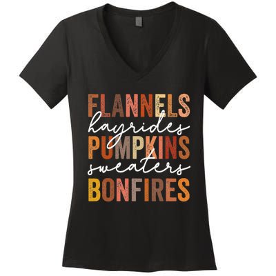 Flannels Hayrides Pumpkins Sweaters Bonfires Autumn Vintage Women's V-Neck T-Shirt