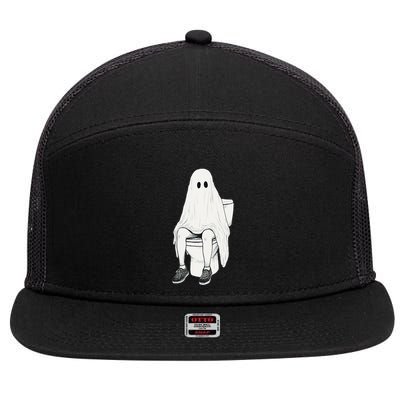 Funny Halloween Pooping Bathroom Ghost On Toilet 7 Panel Mesh Trucker Snapback Hat