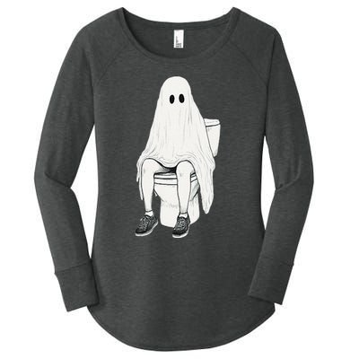 Funny Halloween Pooping Bathroom Ghost On Toilet Women's Perfect Tri Tunic Long Sleeve Shirt