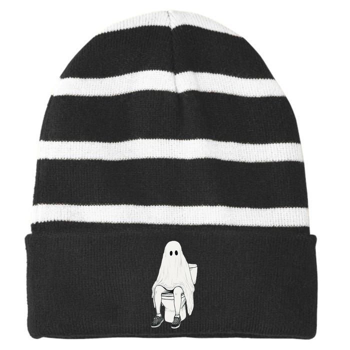 Funny Halloween Pooping Bathroom Ghost On Toilet Striped Beanie with Solid Band