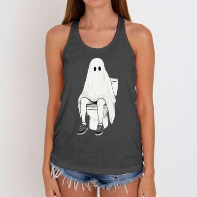 Funny Halloween Pooping Bathroom Ghost On Toilet Women's Knotted Racerback Tank