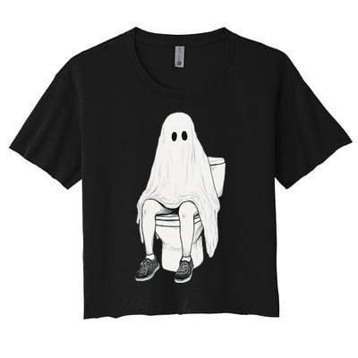 Funny Halloween Pooping Bathroom Ghost On Toilet Women's Crop Top Tee