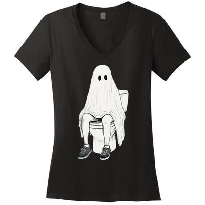 Funny Halloween Pooping Bathroom Ghost On Toilet Women's V-Neck T-Shirt