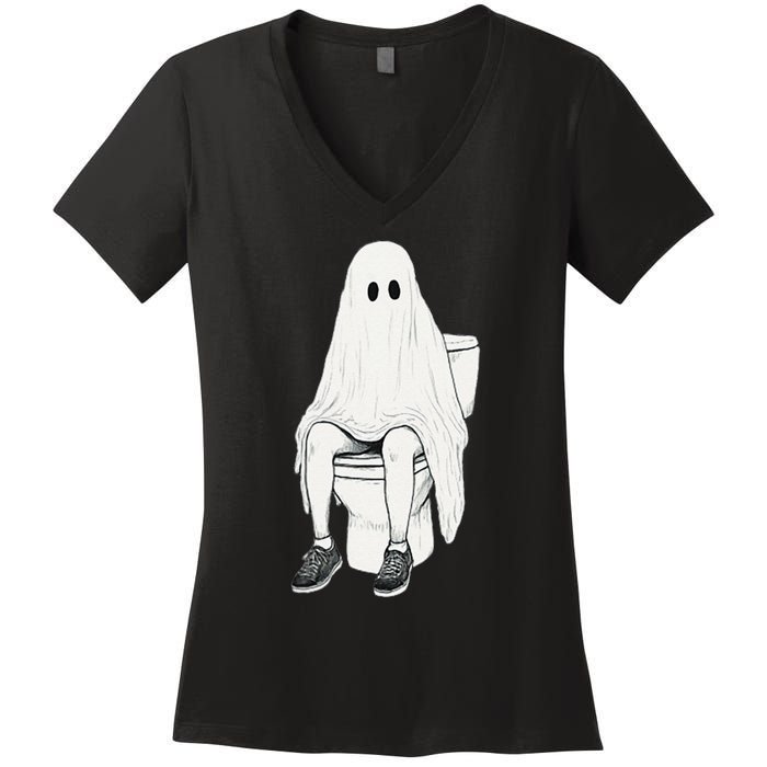 Funny Halloween Pooping Bathroom Ghost On Toilet Women's V-Neck T-Shirt