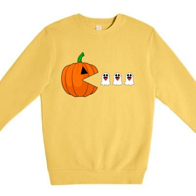 Funny Halloween Pumpkin Eating Ghost Gamer Cute Gift Premium Crewneck Sweatshirt