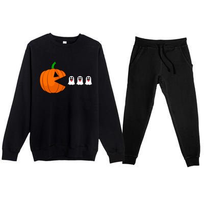 Funny Halloween Pumpkin Eating Ghost Gamer Cute Gift Premium Crewneck Sweatsuit Set