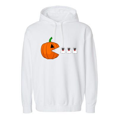 Funny Halloween Pumpkin Eating Ghost Gamer Cute Gift Garment-Dyed Fleece Hoodie