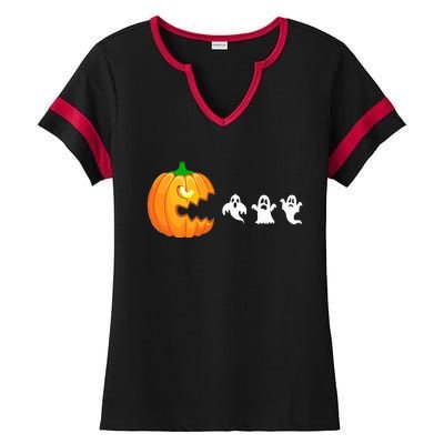 Funny Halloween Pumpkin Eating Ghost Gamer Ladies Halftime Notch Neck Tee