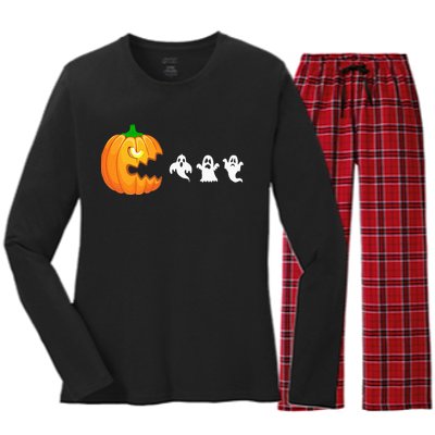 Funny Halloween Pumpkin Eating Ghost Gamer Women's Long Sleeve Flannel Pajama Set 