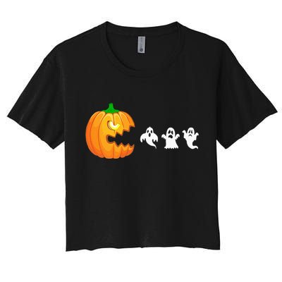 Funny Halloween Pumpkin Eating Ghost Gamer Women's Crop Top Tee