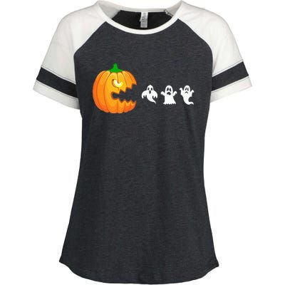 Funny Halloween Pumpkin Eating Ghost Gamer Enza Ladies Jersey Colorblock Tee