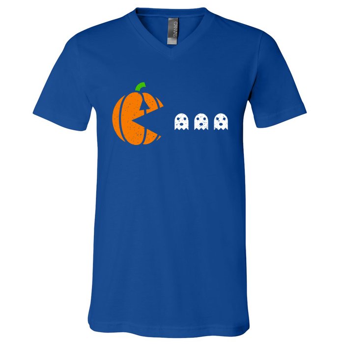 Funny Halloween Pumpkin Eating Ghost Gamer Cute Gift V-Neck T-Shirt