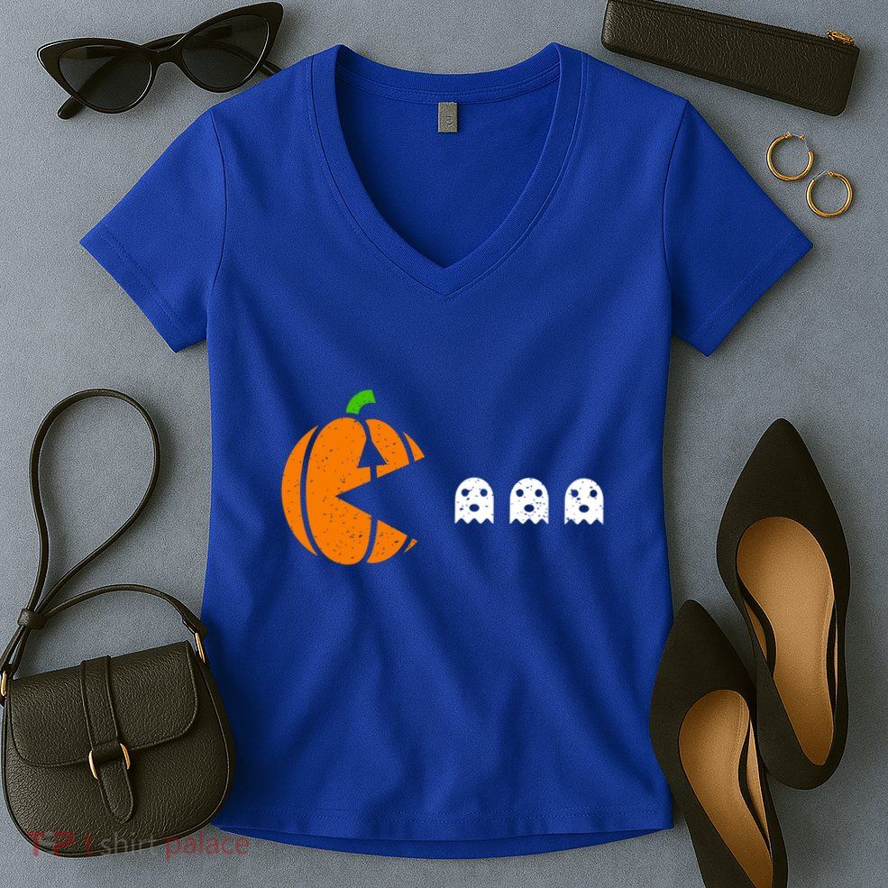 Funny Halloween Pumpkin Eating Ghost Gamer Cute Gift Women's V-Neck T-Shirt