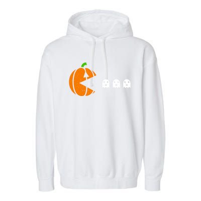 Funny Halloween Pumpkin Eating Ghost Gamer Cute Gift Garment-Dyed Fleece Hoodie