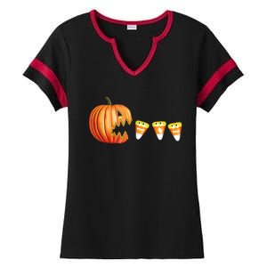 Funny Halloween Pumpkin Jack O Lantern Eating Candy Corn Ladies Halftime Notch Neck Tee