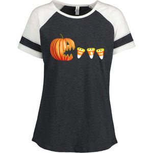 Funny Halloween Pumpkin Jack O Lantern Eating Candy Corn Enza Ladies Jersey Colorblock Tee