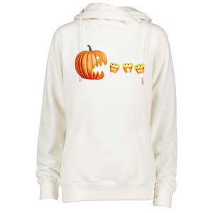 Funny Halloween Pumpkin Jack O Lantern Eating Candy Corn Womens Funnel Neck Pullover Hood