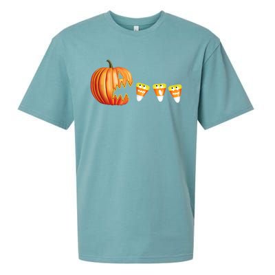 Funny Halloween Pumpkin Jack O Lantern Eating Candy Corn Sueded Cloud Jersey T-Shirt