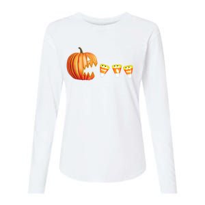 Funny Halloween Pumpkin Jack O Lantern Eating Candy Corn Womens Cotton Relaxed Long Sleeve T-Shirt