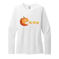 Funny Halloween Pumpkin Jack O Lantern Eating Candy Corn Womens CVC Long Sleeve Shirt