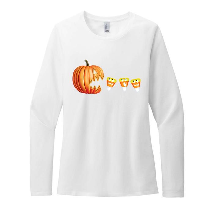 Funny Halloween Pumpkin Jack O Lantern Eating Candy Corn Womens CVC Long Sleeve Shirt