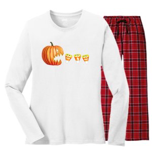 Funny Halloween Pumpkin Jack O Lantern Eating Candy Corn Women's Long Sleeve Flannel Pajama Set 