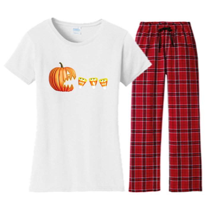 Funny Halloween Pumpkin Jack O Lantern Eating Candy Corn Women's Flannel Pajama Set