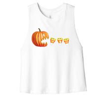 Funny Halloween Pumpkin Jack O Lantern Eating Candy Corn Women's Racerback Cropped Tank