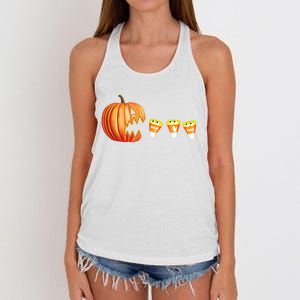 Funny Halloween Pumpkin Jack O Lantern Eating Candy Corn Women's Knotted Racerback Tank